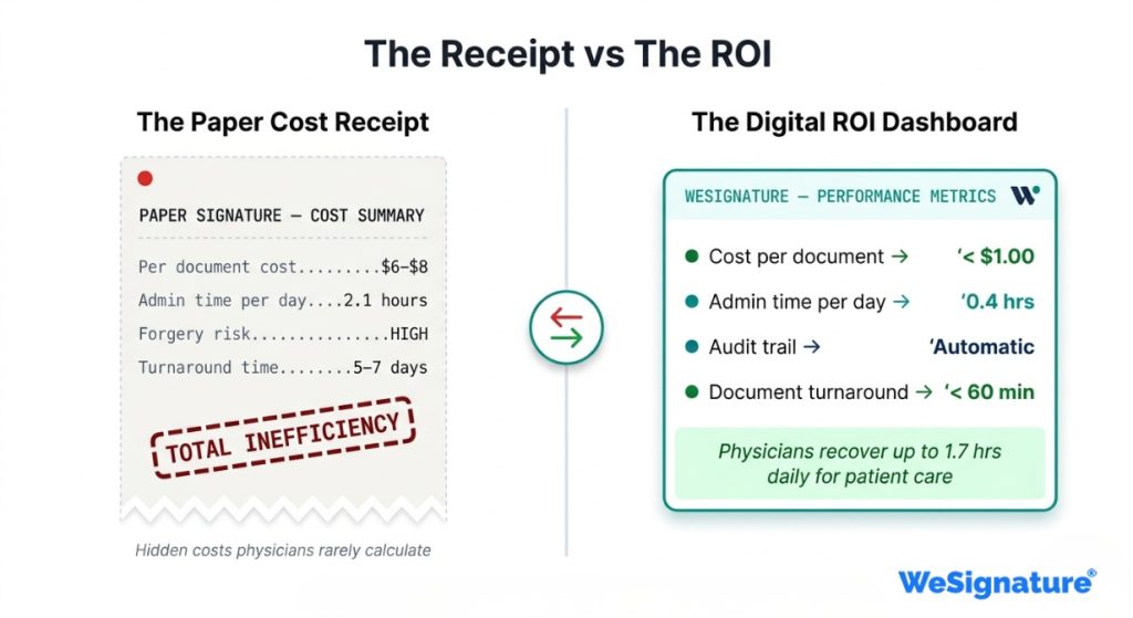 Bar chart comparing paper vs electronic signature costs and time savings for medical practices