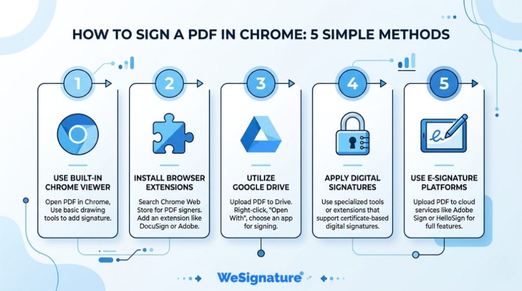 Infographic showing five methods to sign a PDF in Chrome including built-in viewer, extensions, Google Drive, digital signatures, and e-signature tools