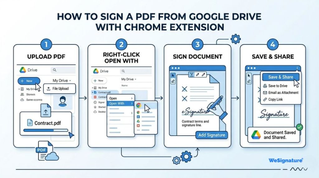 Step-by-step screenshot showing how to open and sign a PDF from Google Drive using a Chrome extension