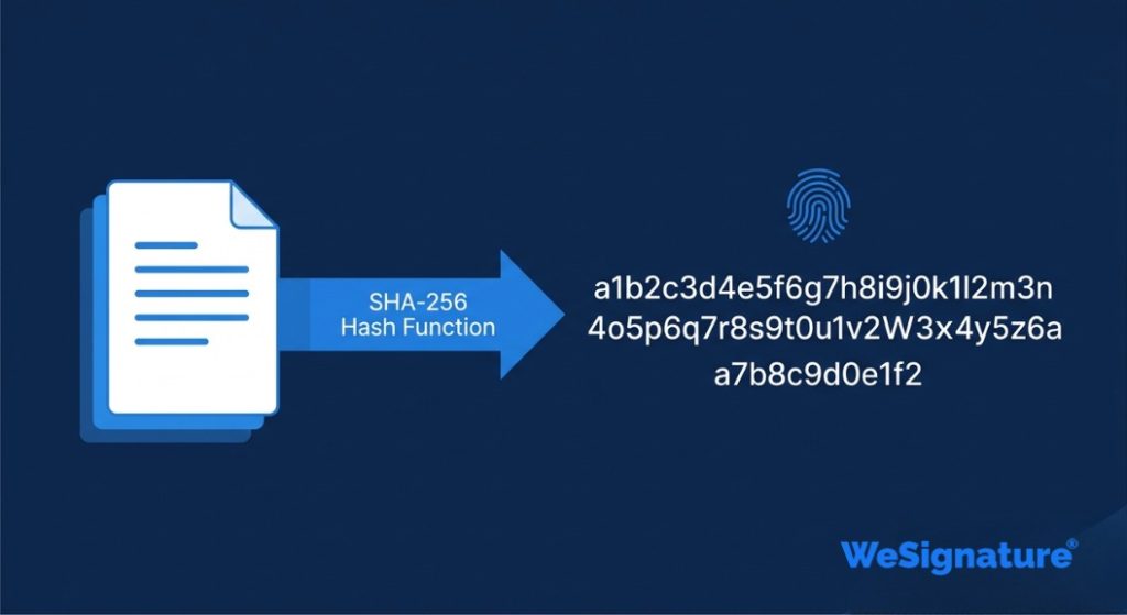 Diagram showing how document hashing creates a unique digital fingerprint for tamper-proof electronic signatures