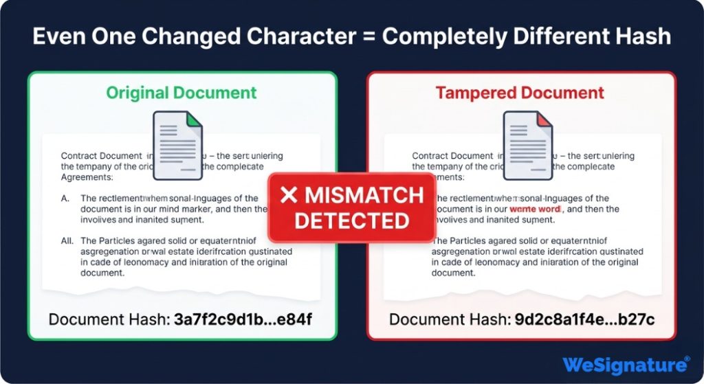 Visual showing how changing one word in a document produces a completely different SHA-256 hash, instantly detecting tampering