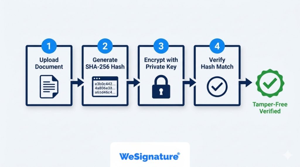 Step-by-step flowchart showing how document hashing works in digital signatures — from upload to verification