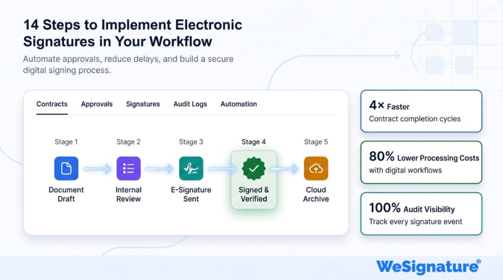14-step electronic signature workflow implementation guide showing digital approvals, automation, and secure document signing