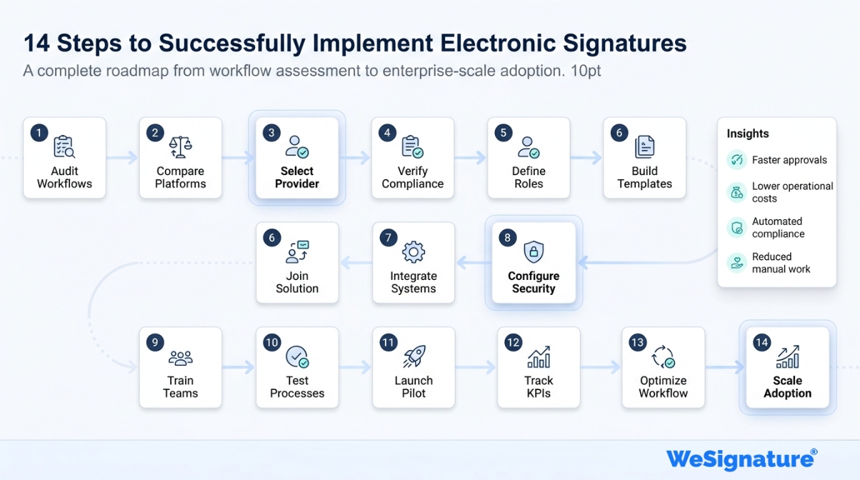Step-by-step electronic signature workflow roadmap showing implementation stages for digital signing systems