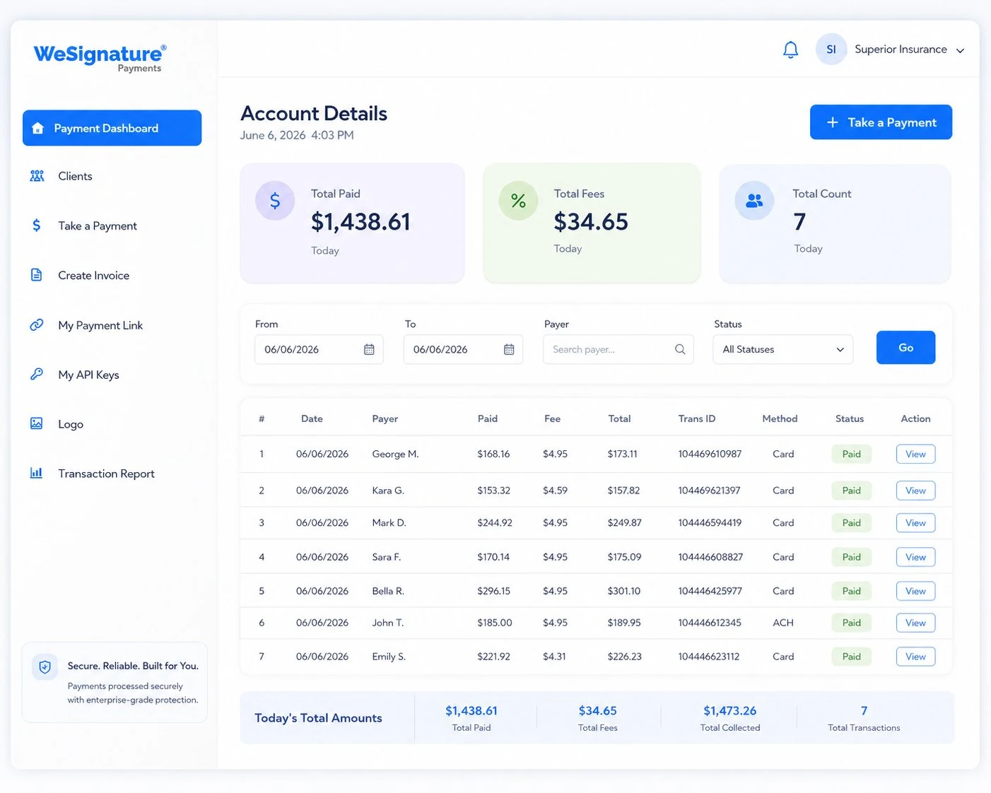 WeSignature Payments dashboard