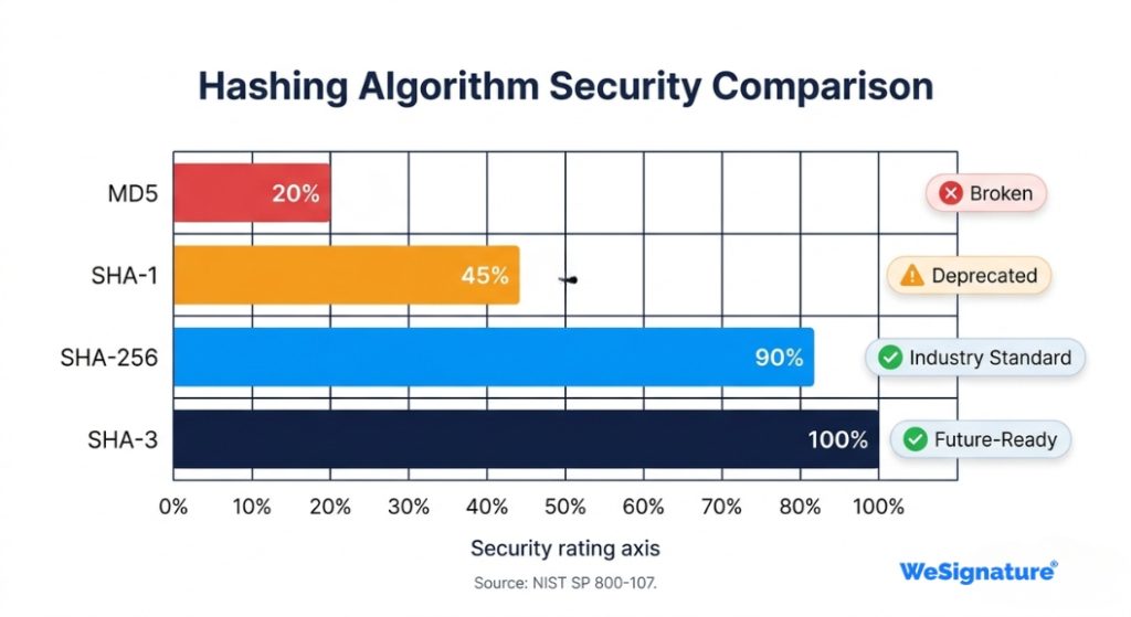 3 hashing algorithms for digital signatures Bar chart comparing security levels of MD5, SHA-1, SHA-256, and SHA-3 hashing algorithms for digital signatures
